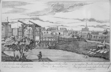 Gdanskin kaupungin portti, jossa näkyy pitkä puutarha, teoksesta "Gdanskin 50 näkymää", kaiverrus Matthaeus Deisch (1724-89) 1761-65